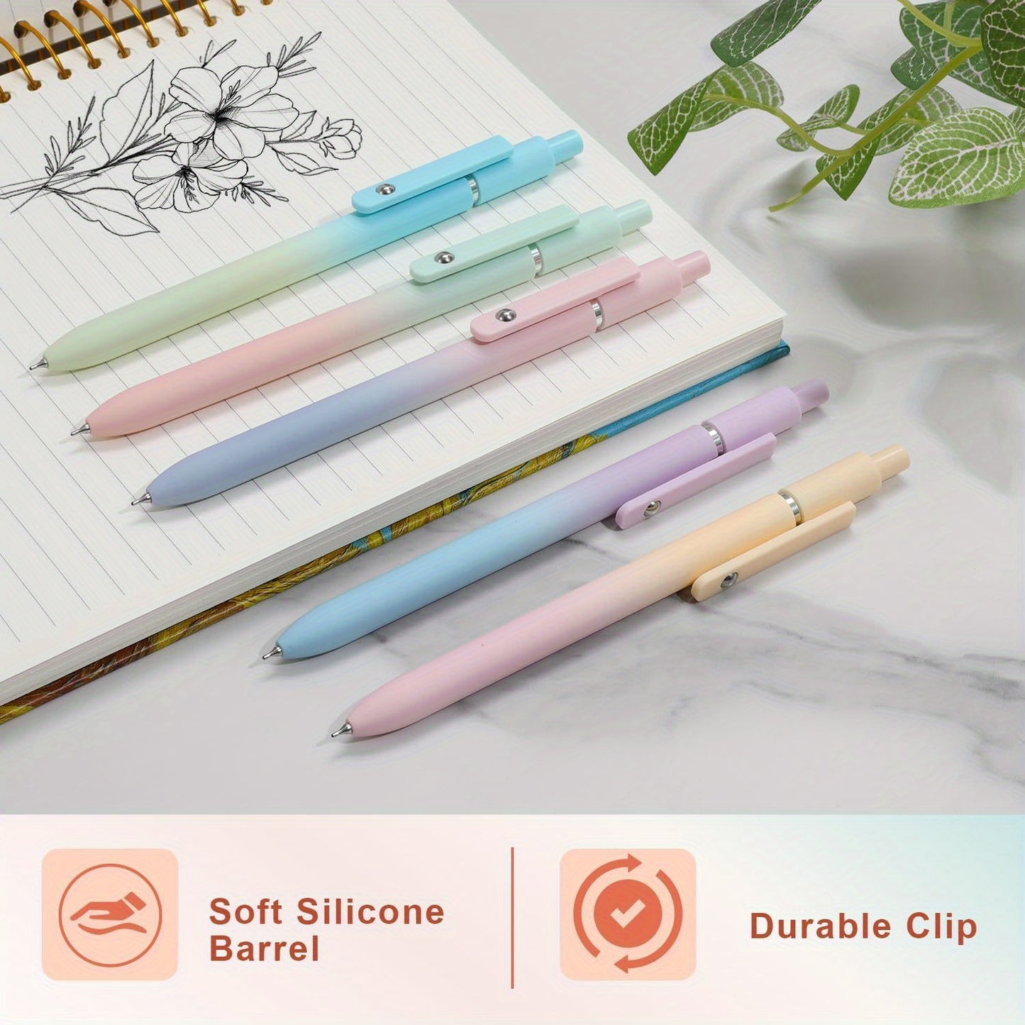 5-Pack Gel Ink Ballpoint Pens: Medium Point (0.5mm), Soft Silicone Barrel, Durable Clip, Retractable Design, Quick-Drying, Sleek Aesthetic Writing Instruments for Office & School Supplies, Journaling, Gifts for Teens & Adults-faithfullyfocusd