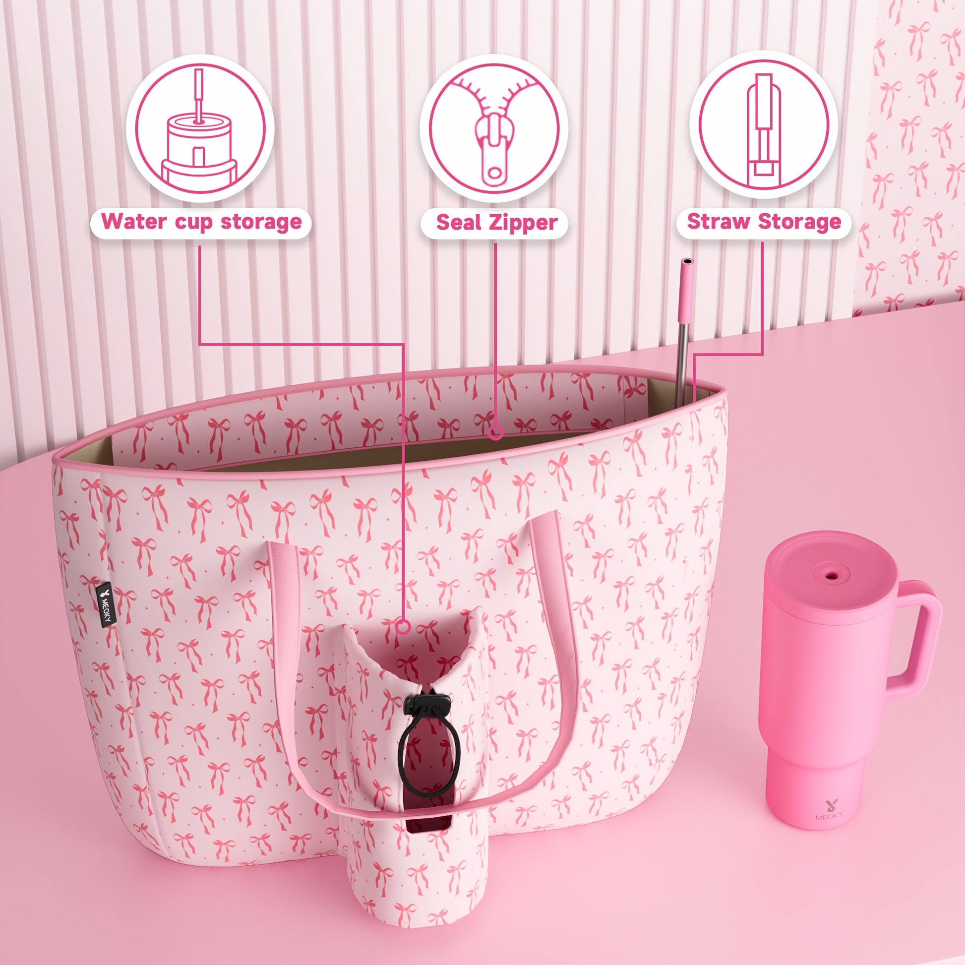 MEOKY 3.96gal Pink Canvas Tote Bag for Women - Waterproof, Zippered, Compartmented, Large Shoulder Handbag with Top Handles - Perfect for Travel, Work, and Everyday Use - Holds Water Bottles & More-faithfullyfocusd