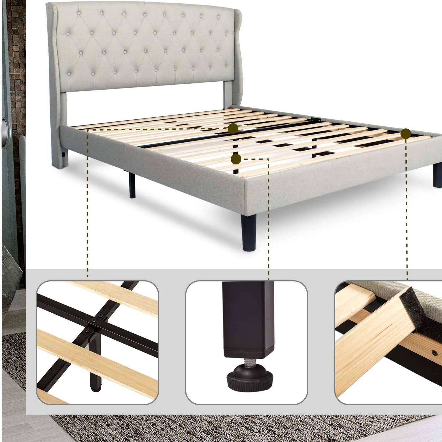 Above Edge - Queen Platform Bed Frame With Upholstered Fabric Headboard