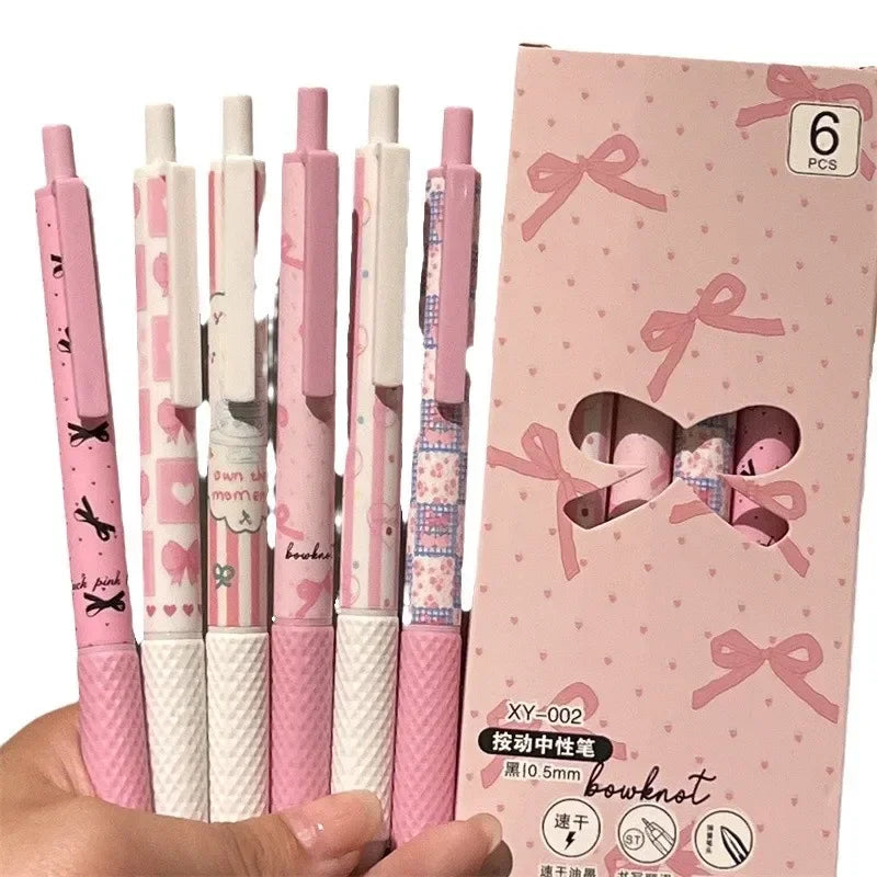 6pcs/box Pink White Color Bow Student Gel Pen Sweet Fashion Bow Heart Stationery Gel Pen Kawaii 0.5mm Black Ink Writing Pen-faithfullyfocusd