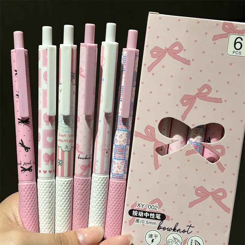 6pcs/box Sweet American Pink Color Gel Pens for Kids Cream Bow Cake Dessert Stationery Gel Pen 0.5mm Black Ink Pen for Writing-faithfullyfocusd