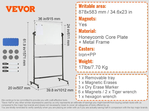 VEVOR Rolling Magnetic Whiteboard Double-Sided Mobile Whiteboard 360° Reversible Adjustable Height Dry Erase Board for School-faithfullyfocusd