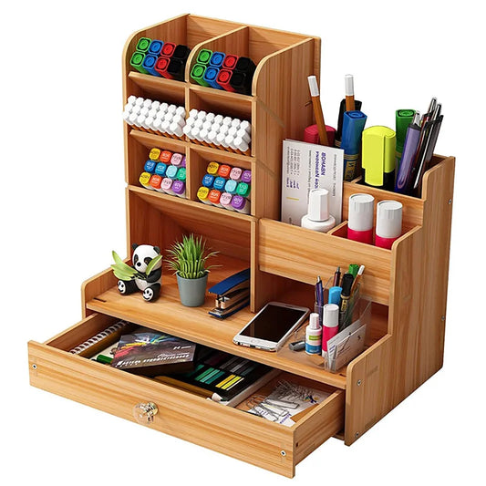 Wooden Desk Organiser DIY Desktop Tidy Pen Holder Large Capacity Stationery Storage Box with Drawer for Home Office and School-faithfullyfocusd