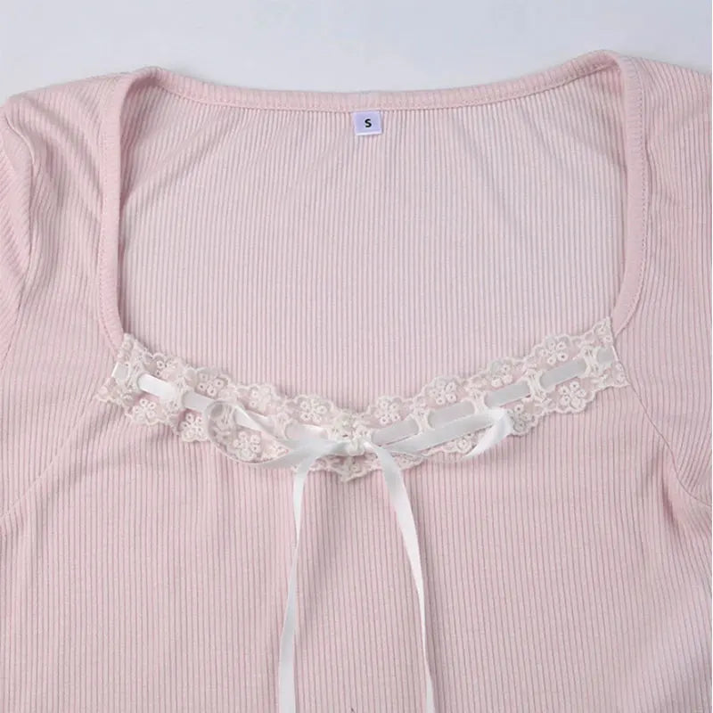 Mooyu Cute Bandage Bow Cropped Top Pink Sweet Coquette Sweet T Shirts Fall Spring Casual Square Collar Tees Women y2k Aesthetic-faithfullyfocusd