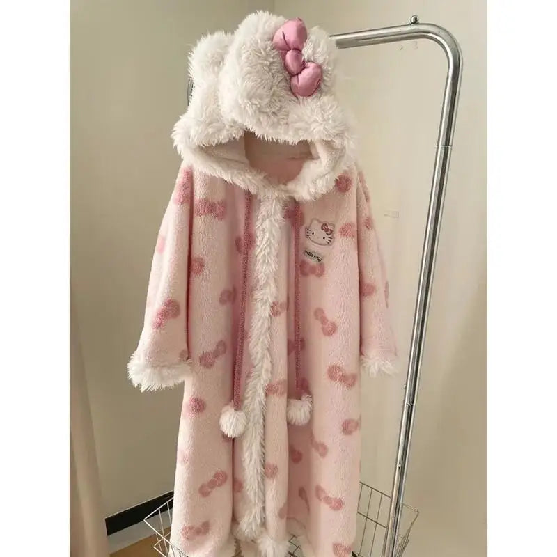 Miniso Kawaii Hellokitty Plush Robes Girls Cute Sanrio Anime Y2K Pajamas Hooded Blanket Casual Fleece Sleepwear Women Clothing-faithfullyfocusd