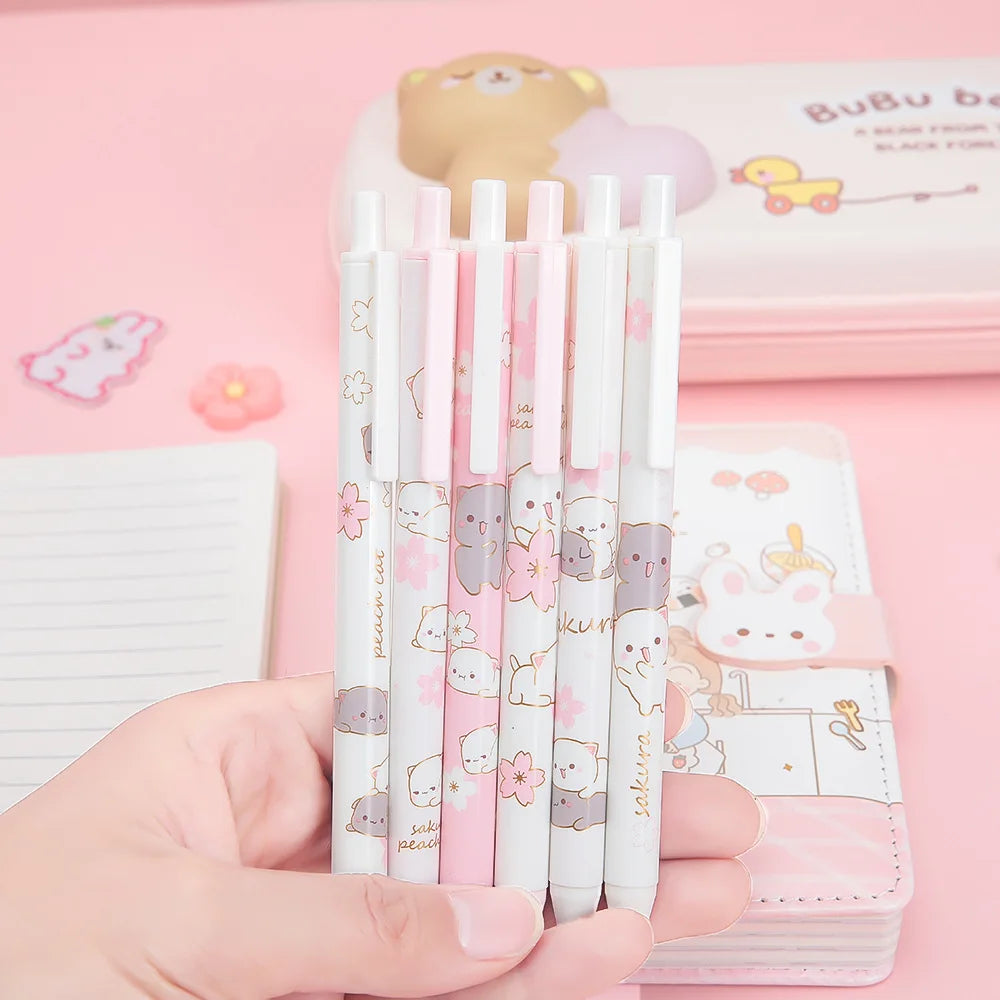 2 Pcs Pink Sakura Cat Press Gel Pen 0.5mm Kids Student Writing Pens black ink-faithfullyfocusd