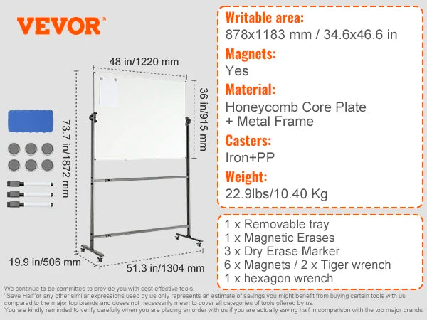 VEVOR Rolling Magnetic Whiteboard Double-Sided Mobile Whiteboard 360° Reversible Adjustable Height Dry Erase Board for School-faithfullyfocusd