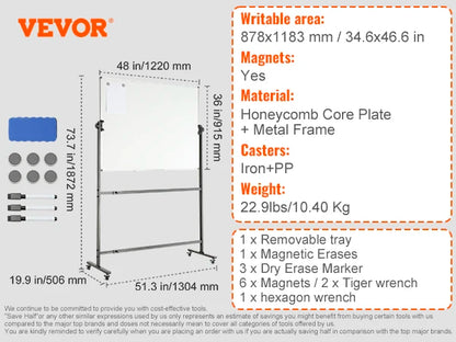 VEVOR Rolling Magnetic Whiteboard Double-Sided Mobile Whiteboard 360° Reversible Adjustable Height Dry Erase Board for School-faithfullyfocusd