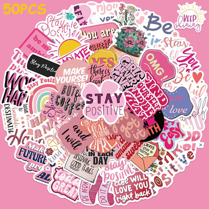 50pcs Pink Inspirational Phrases Stickers Aesthetic Decals Laptop Skateboards Luggage Guitar Notebook Waterproof Vinyl Sticker-faithfullyfocusd