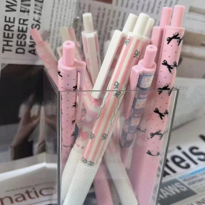 6pcs/box Pink White Color Bow Student Gel Pen Sweet Fashion Bow Heart Stationery Gel Pen Kawaii 0.5mm Black Ink Writing Pen-faithfullyfocusd