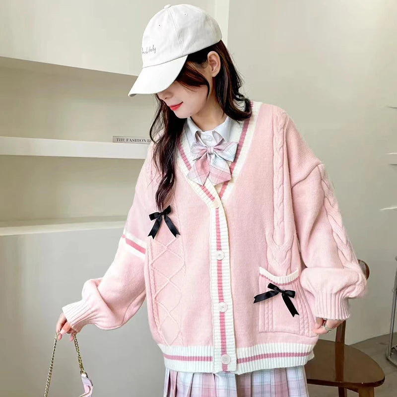 Pink Sweet Women Cardigan Korean Bow Knitted Long Sleeve Female Sweater Jk Preppy Style New Kawaii V Neck Ladies Casual Coats-faithfullyfocusd