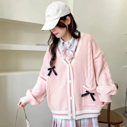 Pink Sweet Women Cardigan Korean Bow Knitted Long Sleeve Female Sweater Jk Preppy Style New Kawaii V Neck Ladies Casual Coats-faithfullyfocusd