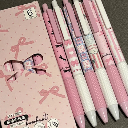 6pcs/box Pink White Color Bow Student Gel Pen Sweet Fashion Bow Heart Stationery Gel Pen Kawaii 0.5mm Black Ink Writing Pen-faithfullyfocusd