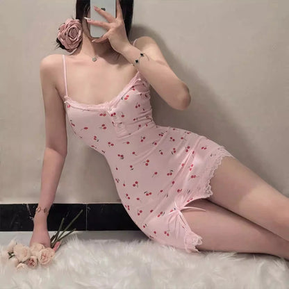 Summer Cherry Pattern Printed Nightgown Suspender Pink Women's Sleep Dress-faithfullyfocusd