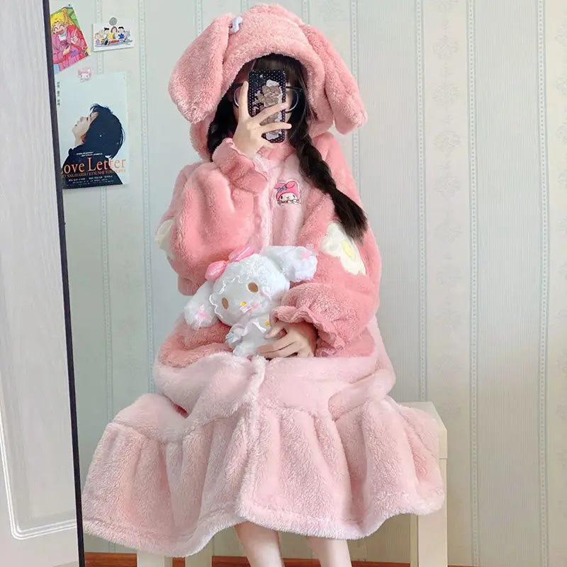 Miniso Kawaii Hellokitty Plush Robes Girls Cute Sanrio Anime Y2K Pajamas Hooded Blanket Casual Fleece Sleepwear Women Clothing-faithfullyfocusd