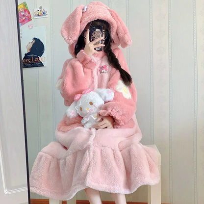 Miniso Kawaii Hellokitty Plush Robes Girls Cute Sanrio Anime Y2K Pajamas Hooded Blanket Casual Fleece Sleepwear Women Clothing-faithfullyfocusd