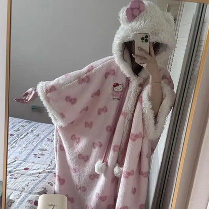 Miniso Kawaii Hellokitty Plush Robes Girls Cute Sanrio Anime Y2K Pajamas Hooded Blanket Casual Fleece Sleepwear Women Clothing-faithfullyfocusd