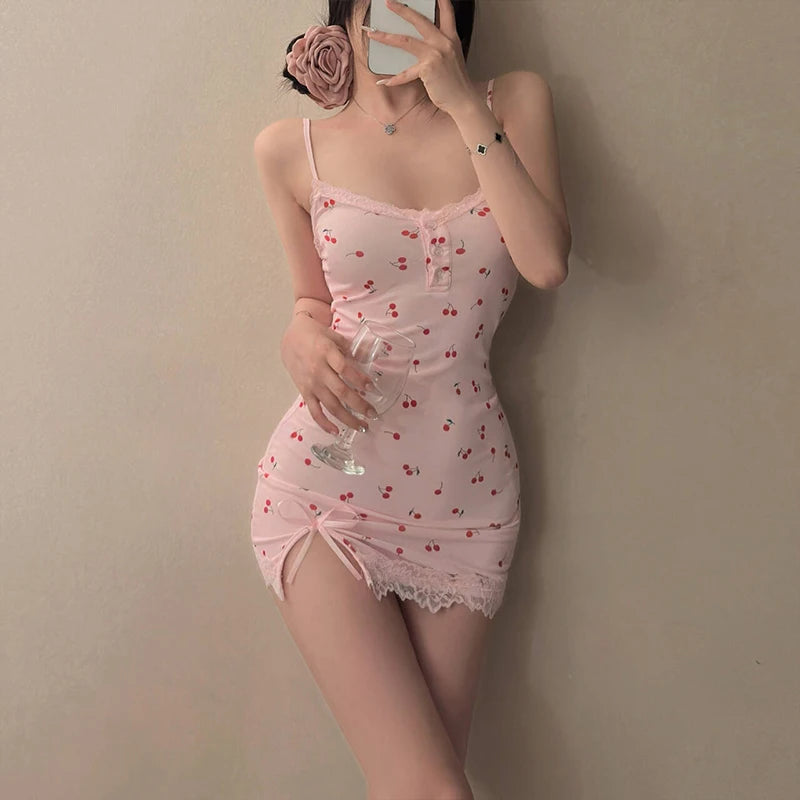 Summer Cherry Pattern Printed Nightgown Suspender Pink Women's Sleep Dress-faithfullyfocusd