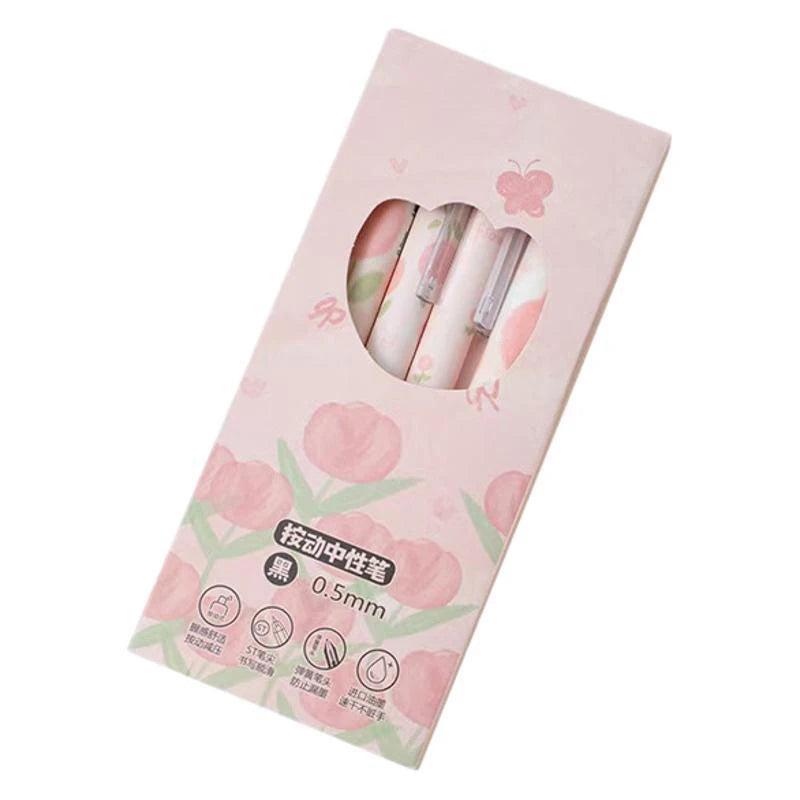 6Pcs Cute Pink Tulip Gel Pen Elegant Simple Pressing Neutral Pens Kawaii Pen Set School Supplies Aesthetic Stationery Gifts-faithfullyfocusd