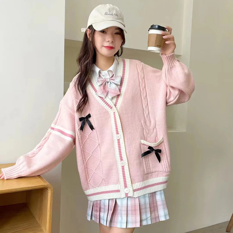 Pink Sweet Women Cardigan Korean Bow Knitted Long Sleeve Female Sweater Jk Preppy Style New Kawaii V Neck Ladies Casual Coats-faithfullyfocusd