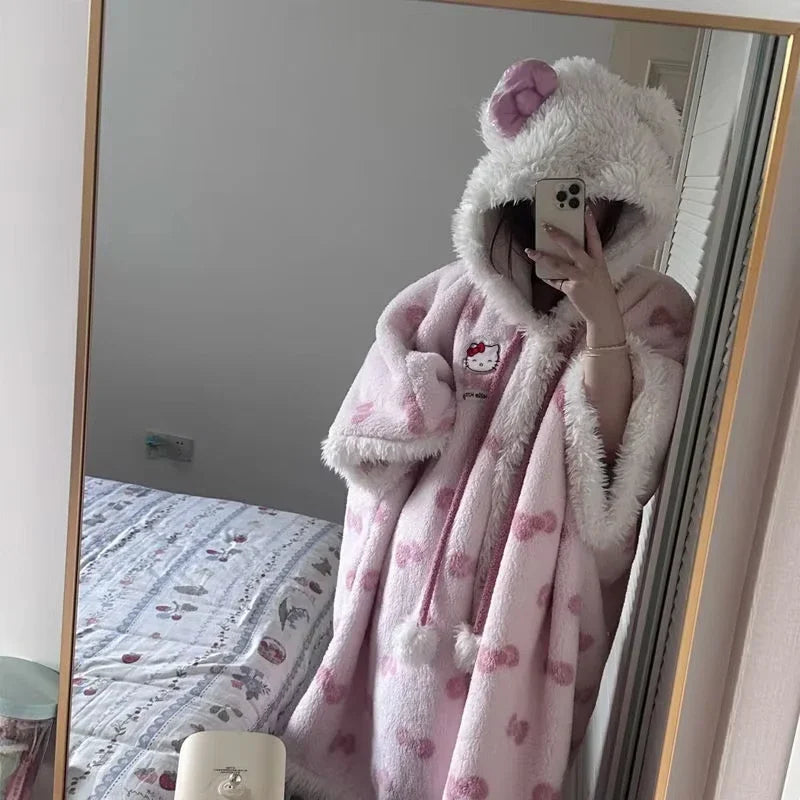 Miniso Kawaii Hellokitty Plush Robes Girls Cute Sanrio Anime Y2K Pajamas Hooded Blanket Casual Fleece Sleepwear Women Clothing-faithfullyfocusd