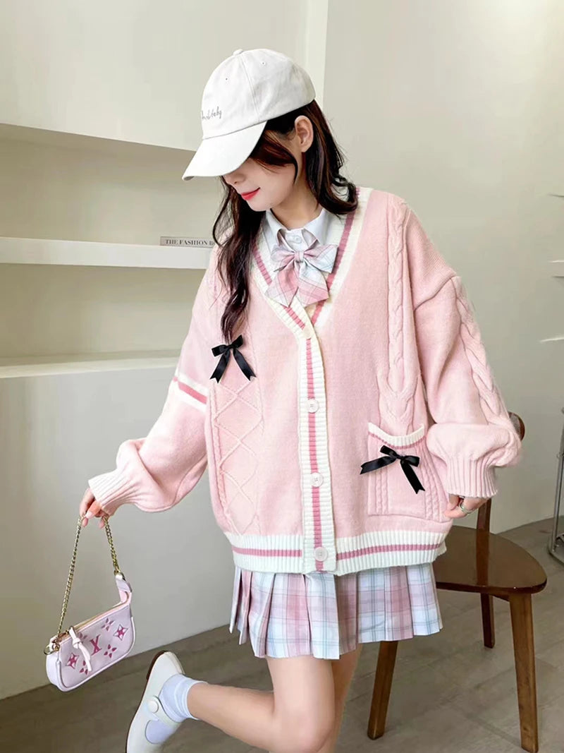 Pink Sweet Women Cardigan Korean Bow Knitted Long Sleeve Female Sweater Jk Preppy Style New Kawaii V Neck Ladies Casual Coats-faithfullyfocusd