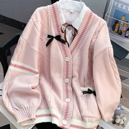 Pink Sweet Women Cardigan Korean Bow Knitted Long Sleeve Female Sweater Jk Preppy Style New Kawaii V Neck Ladies Casual Coats-faithfullyfocusd