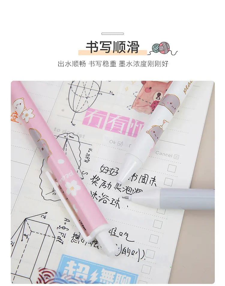 2 Pcs Pink Sakura Cat Press Gel Pen 0.5mm Kids Student Writing Pens black ink-faithfullyfocusd