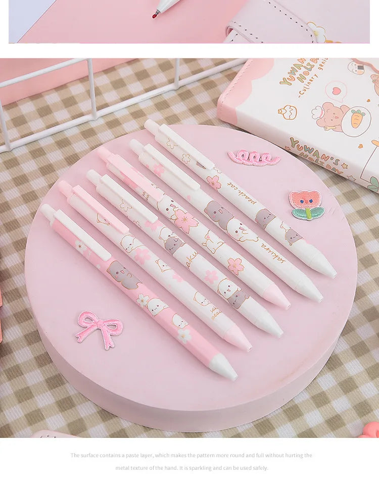 2 Pcs Pink Sakura Cat Press Gel Pen 0.5mm Kids Student Writing Pens black ink-faithfullyfocusd