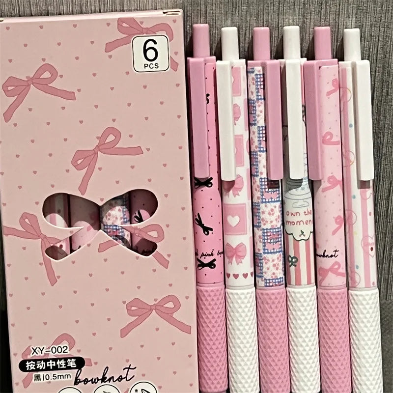 6pcs/box Pink White Color Bow Student Gel Pen Sweet Fashion Bow Heart Stationery Gel Pen Kawaii 0.5mm Black Ink Writing Pen-faithfullyfocusd