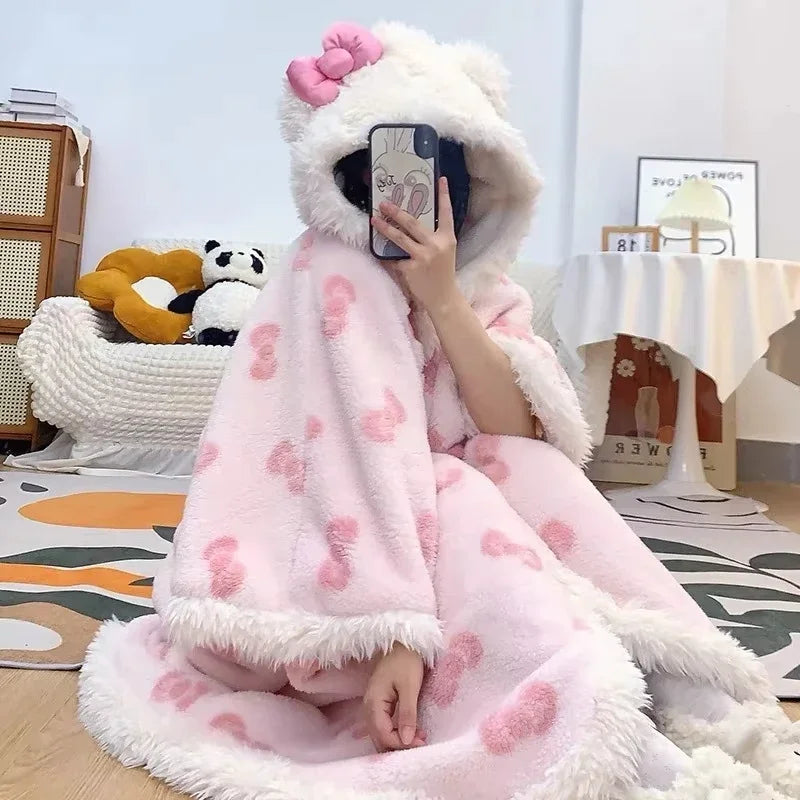 Miniso Kawaii Hellokitty Plush Robes Girls Cute Sanrio Anime Y2K Pajamas Hooded Blanket Casual Fleece Sleepwear Women Clothing-faithfullyfocusd