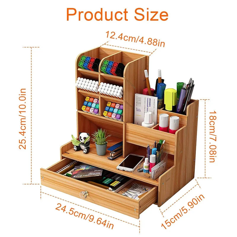 Wooden Desk Organiser DIY Desktop Tidy Pen Holder Large Capacity Stationery Storage Box with Drawer for Home Office and School-faithfullyfocusd