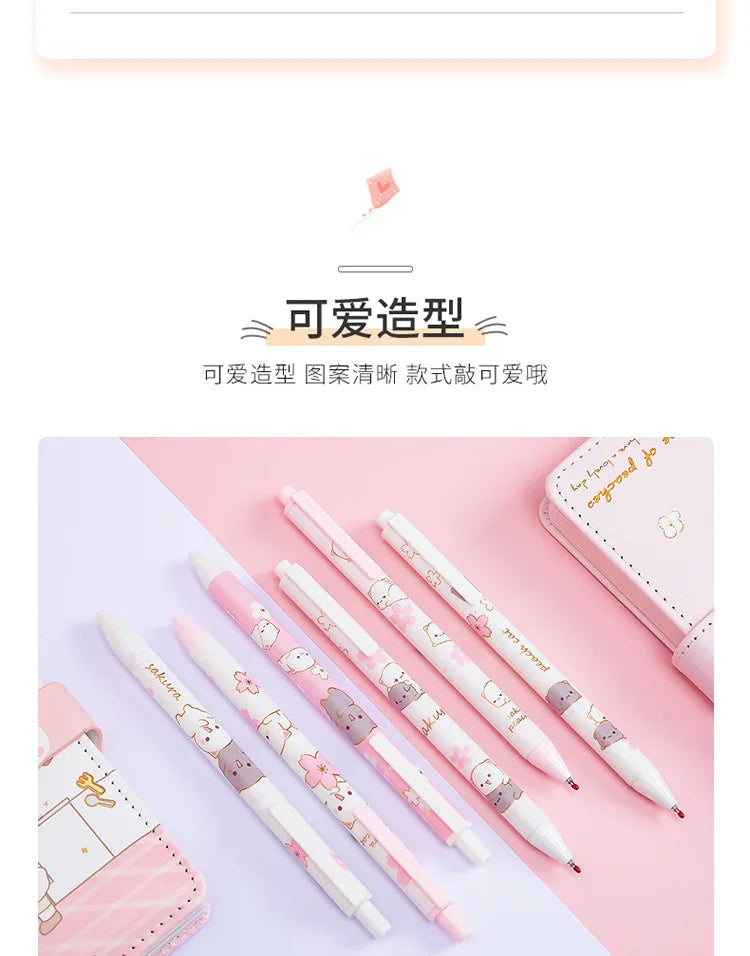 2 Pcs Pink Sakura Cat Press Gel Pen 0.5mm Kids Student Writing Pens black ink-faithfullyfocusd