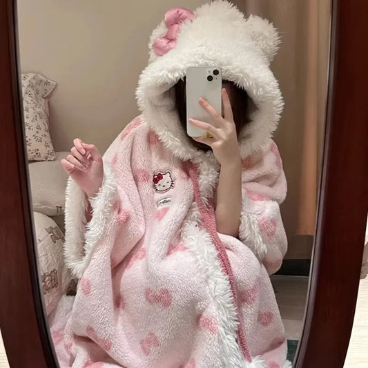 Miniso Kawaii Hellokitty Plush Robes Girls Cute Sanrio Anime Y2K Pajamas Hooded Blanket Casual Fleece Sleepwear Women Clothing-faithfullyfocusd