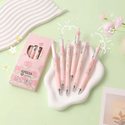 6Pcs Cute Pink Tulip Gel Pen Elegant Simple Pressing Neutral Pens Kawaii Pen Set School Supplies Aesthetic Stationery Gifts-faithfullyfocusd