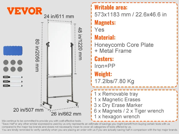 VEVOR Rolling Magnetic Whiteboard Double-Sided Mobile Whiteboard 360° Reversible Adjustable Height Dry Erase Board for School-faithfullyfocusd