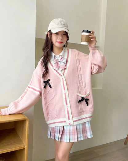 Pink Sweet Women Cardigan Korean Bow Knitted Long Sleeve Female Sweater Jk Preppy Style New Kawaii V Neck Ladies Casual Coats-faithfullyfocusd