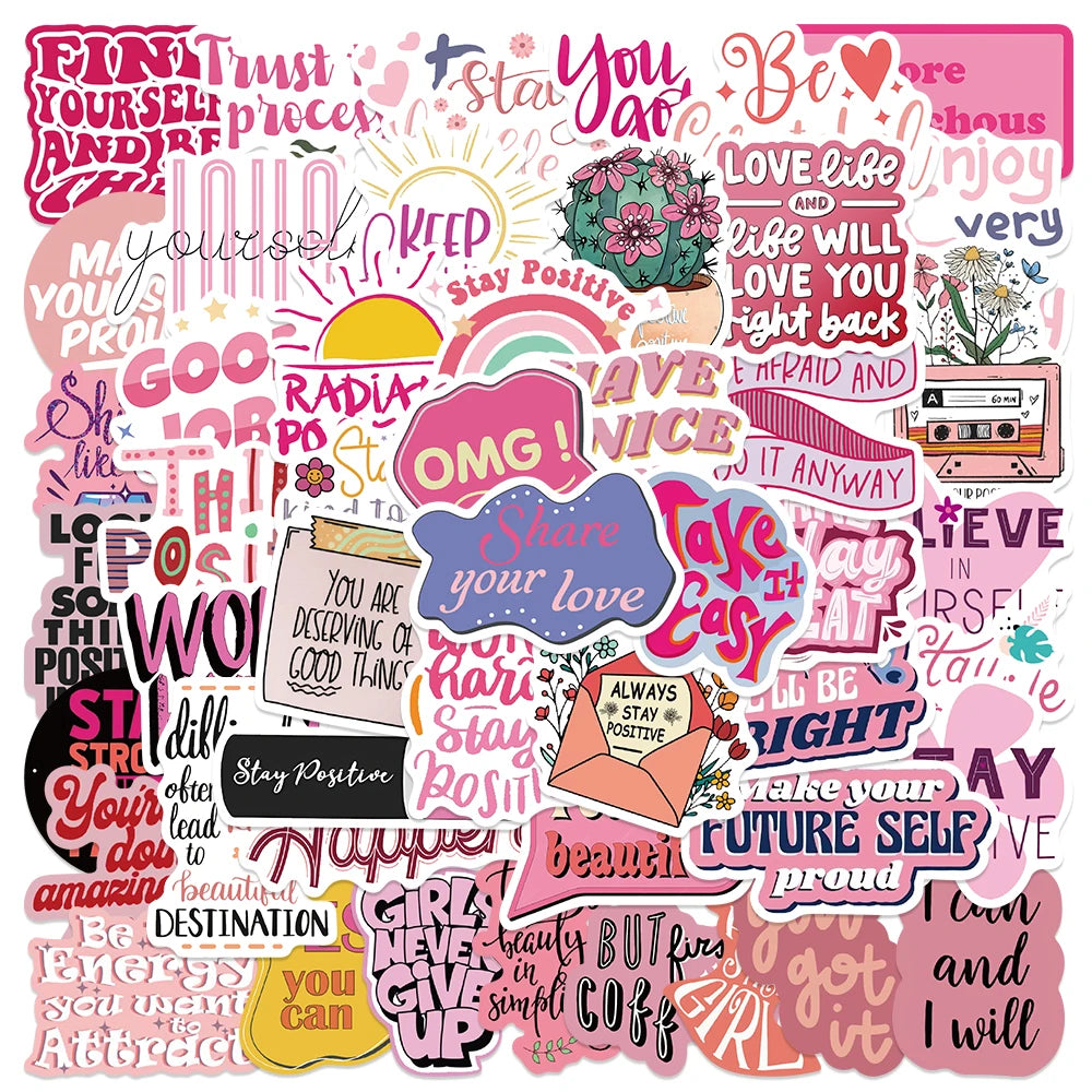 50pcs Pink Inspirational Phrases Stickers Aesthetic Decals Laptop Skateboards Luggage Guitar Notebook Waterproof Vinyl Sticker-faithfullyfocusd