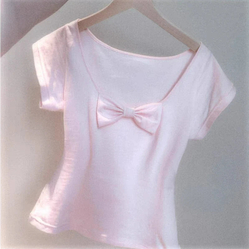 Pink Cotton T-Shirt Women Summer Cute Bowknot Tops Tee Sweet Girls Solid Casual Slim Fashion TShirt Kawaii Clothes Y2k Aesthetic-faithfullyfocusd