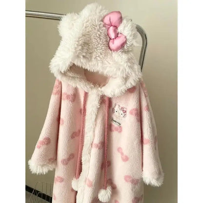 Miniso Kawaii Hellokitty Plush Robes Girls Cute Sanrio Anime Y2K Pajamas Hooded Blanket Casual Fleece Sleepwear Women Clothing-faithfullyfocusd