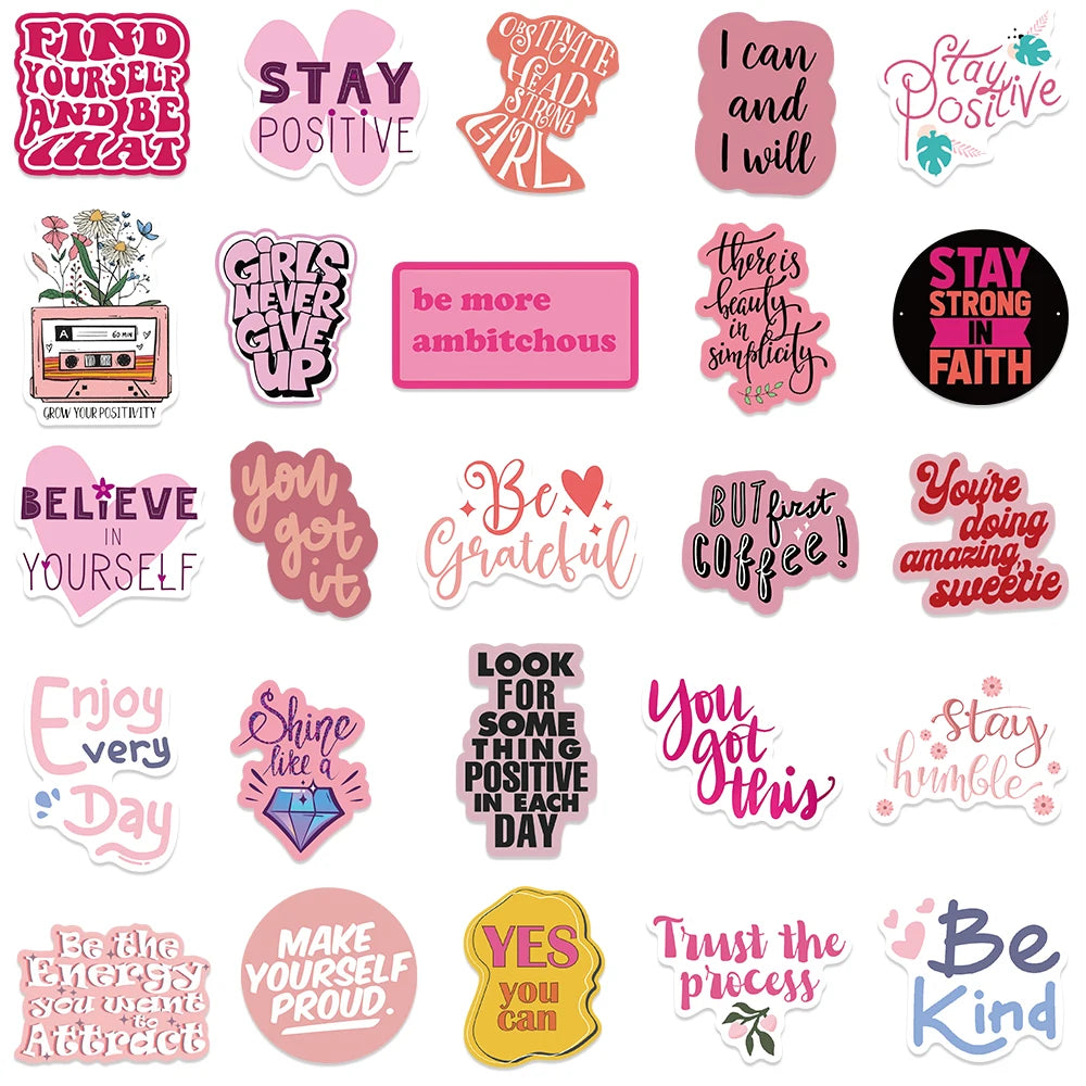 50pcs Pink Inspirational Phrases Stickers Aesthetic Decals Laptop Skateboards Luggage Guitar Notebook Waterproof Vinyl Sticker-faithfullyfocusd