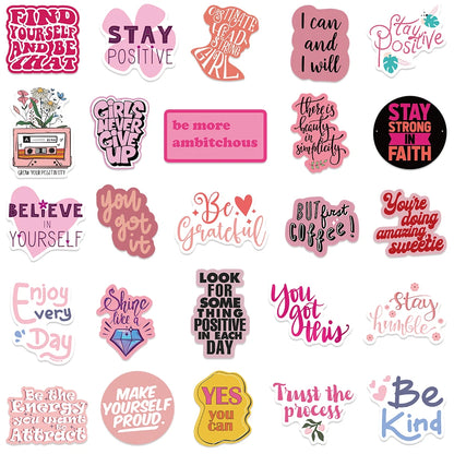 50pcs Pink Inspirational Phrases Stickers Aesthetic Decals Laptop Skateboards Luggage Guitar Notebook Waterproof Vinyl Sticker-faithfullyfocusd