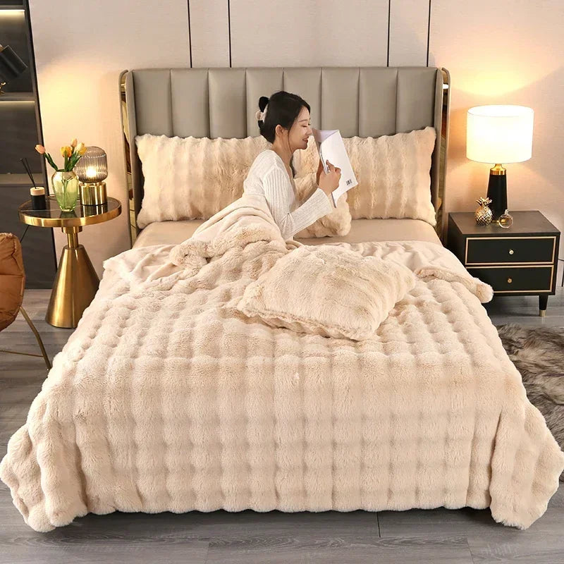 Luxury Soft Faux Fur Throw Blanket Fuzzy Plush Bedspread on the bed plaid sofa cover blankets and throws for living room bedroom-faithfullyfocusd