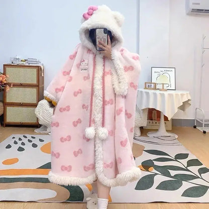 Miniso Kawaii Hellokitty Plush Robes Girls Cute Sanrio Anime Y2K Pajamas Hooded Blanket Casual Fleece Sleepwear Women Clothing-faithfullyfocusd