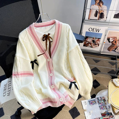 Pink Sweet Women Cardigan Korean Bow Knitted Long Sleeve Female Sweater Jk Preppy Style New Kawaii V Neck Ladies Casual Coats-faithfullyfocusd