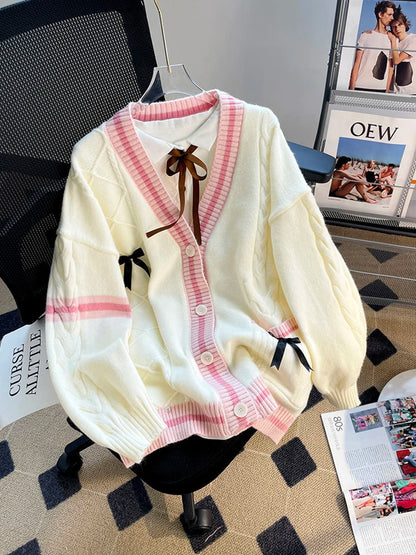 Pink Sweet Women Cardigan Korean Bow Knitted Long Sleeve Female Sweater Jk Preppy Style New Kawaii V Neck Ladies Casual Coats-faithfullyfocusd