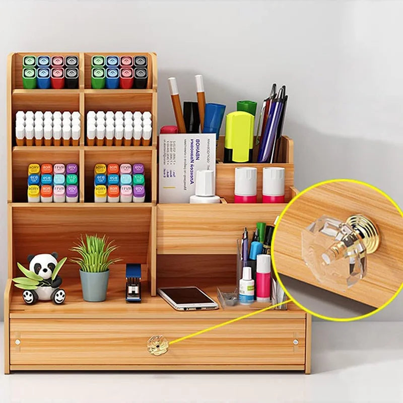 Wooden Desk Organiser DIY Desktop Tidy Pen Holder Large Capacity Stationery Storage Box with Drawer for Home Office and School-faithfullyfocusd