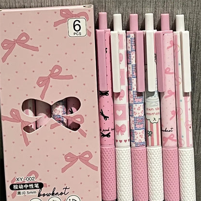 6pcs/box Sweet American Pink Color Gel Pens for Kids Cream Bow Cake Dessert Stationery Gel Pen 0.5mm Black Ink Pen for Writing-faithfullyfocusd