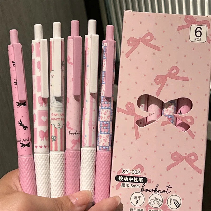 6pcs/box Sweet American Pink Color Gel Pens for Kids Cream Bow Cake Dessert Stationery Gel Pen 0.5mm Black Ink Pen for Writing-faithfullyfocusd