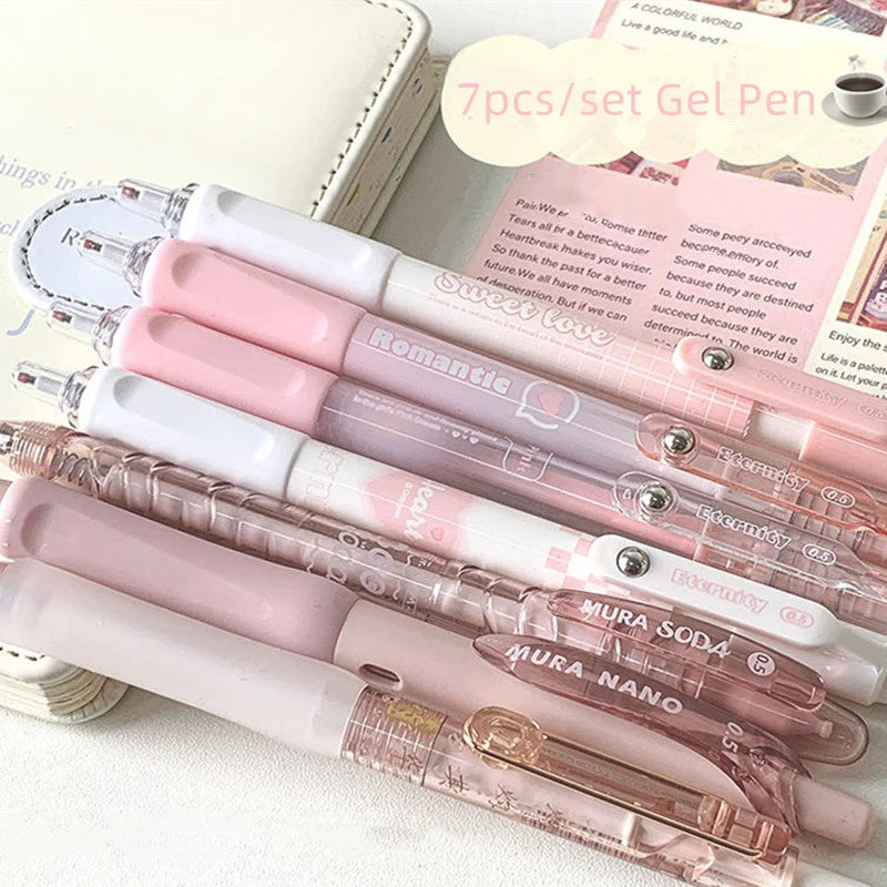 7PCS Cute Peach Sweetheart Pink Series Gel Pen 0.5mm Black Ink Quick Dry Press Pen Set Kawaii Girl Stationery School Supplies-faithfullyfocusd